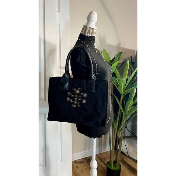 Tory Burch Black Nylon Tote Bag With Leather Handles & Studded Logo - Picture 8 of 10